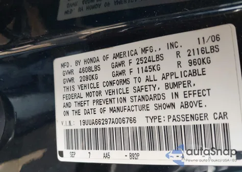 2007 Acura Tl 3.2 z USA, uszkodzony, nr VIN 19UUA66297A006766